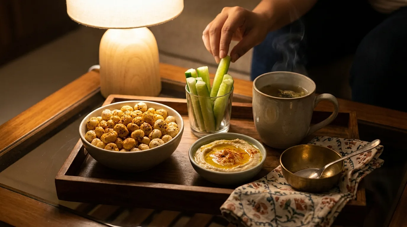 Healthy Indian late-night snacks with makhana, hummus, cucumber, and tea