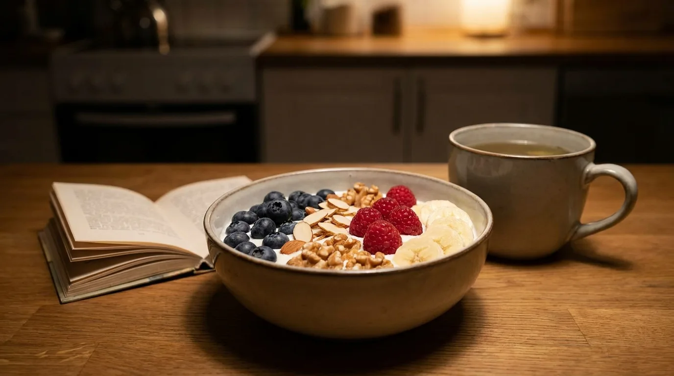 Healthy late-night snacks with yogurt, berries, nuts, and fruit
