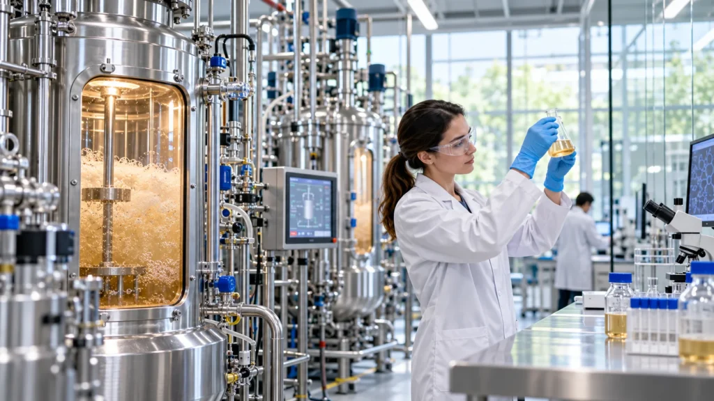 Biotechnology laboratory using fermentation tanks for precision fermentation