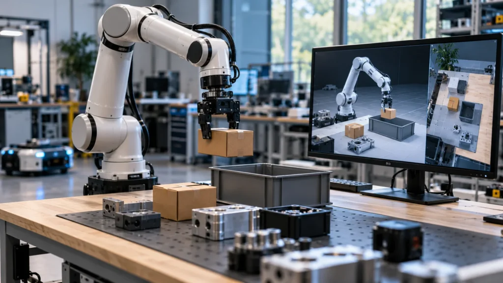 Robot being trained with a simulated world model in a research laboratory